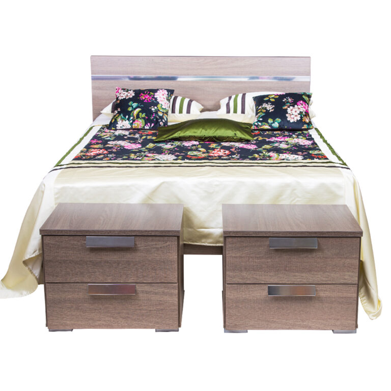LINDEN: Wood Bed + 2 Night Stands, 150x190cm #NS01103/NS02001 1