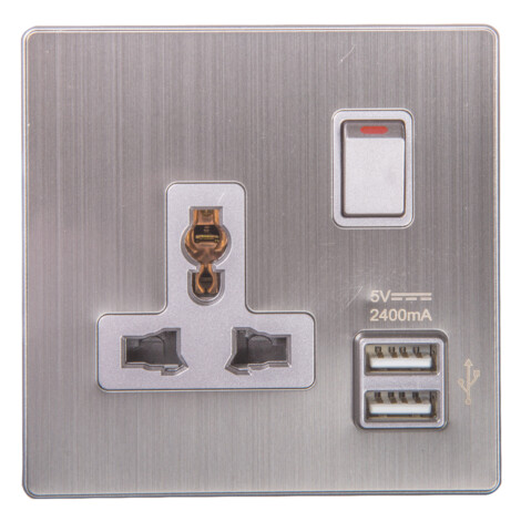 Domus: 1 Gang Switched Universal Socket with 2 USB Ports; 13A, 250V #Q5B1K/USB2D GN-13 1