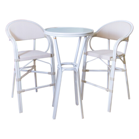 Round Bar Table (Glass Top) + 2 Bar Chairs, Grey/White Wash 1