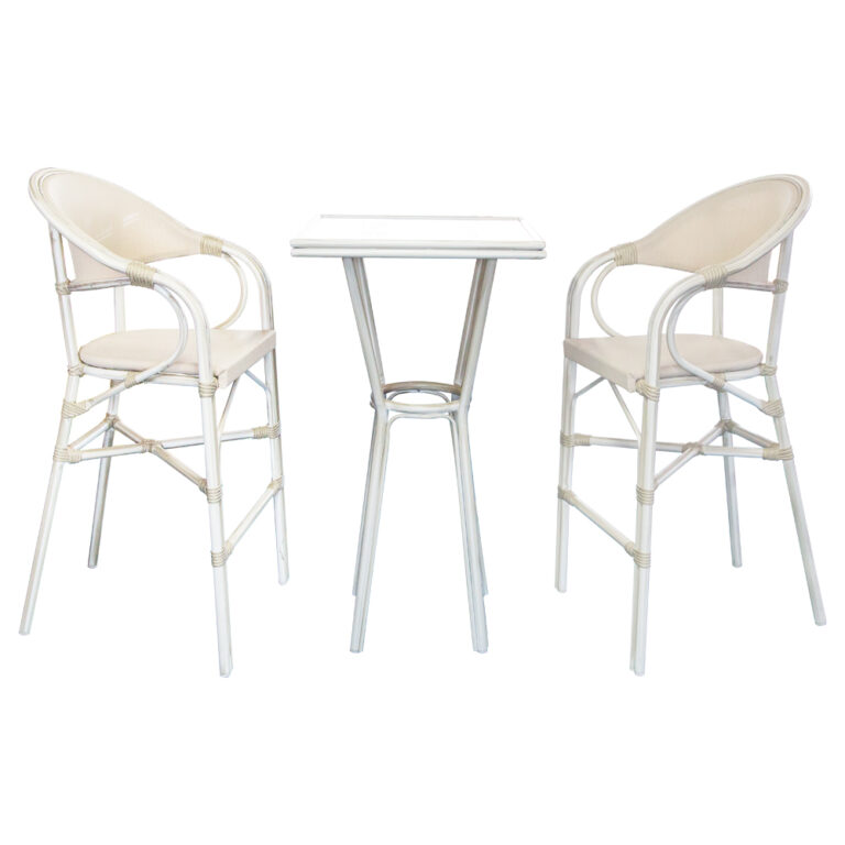Square Bar Table; 60x60x110cm (Glass Top) + 2 Bar Chairs, Grey/White Wash 1