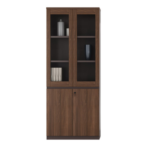 Office Book Case + Glass Top Panel, 2 Doors: (80x40x200)cm, Brown Oak/Brown