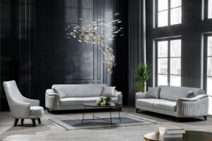 Living room with grey sofas and chandelier