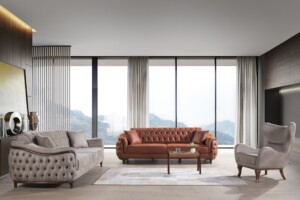 Living room with orange and beige sofas