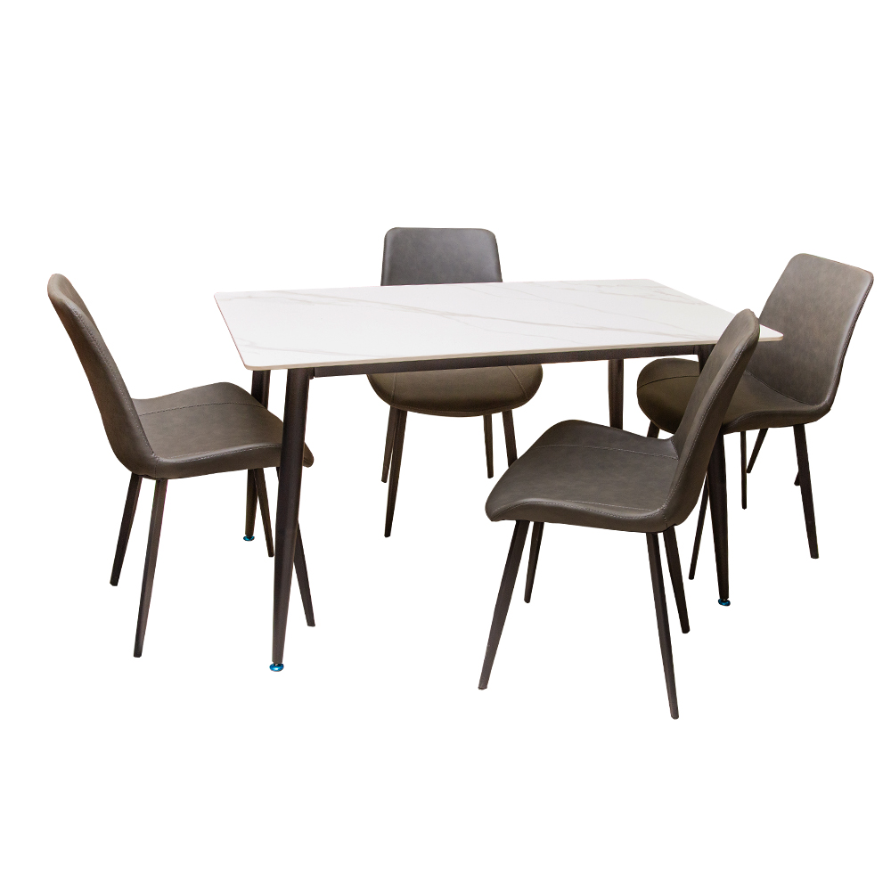 Sintered Stone Dining Table (130x70)cm + 4 Side Chairs, Snow White/Dark Grey