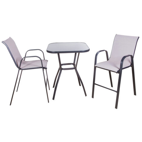 Garden Furniture Set: Outdoor Square Bar Table (Glass Top) + 2 Side Chairs, Black/Light Grey 1