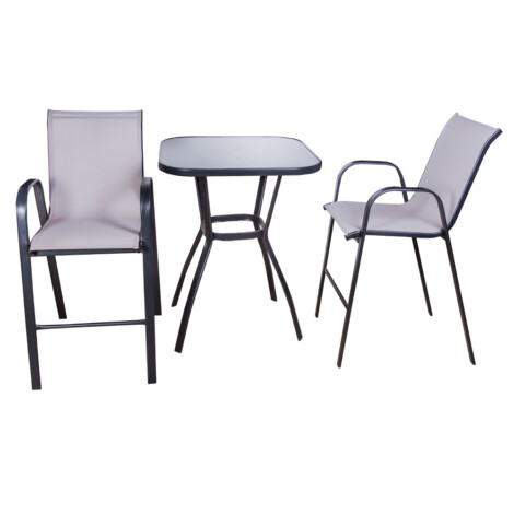 Garden Furniture Set: Outdoor Square Bar Table (Glass Top) + 2 Side Chairs, Black/Light Grey