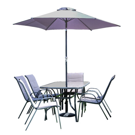 Garden Furniture Set: Steel Umbrella With Base  + Glass Table + 6 Steel Textilene Padded chair, Grey 1