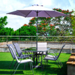 Garden Furniture Set: Steel Umbrella With Base  + Glass Table + 6 Steel Textilene Padded chair, Grey