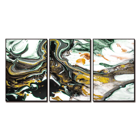 Abstract Water color Printed Painting Set, 3pc: (90×60)cm, Gold/Green 1