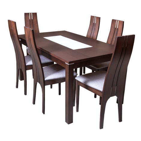 Dining Table (Glass Top) + 6 Side Chairs, Burn Beech/Camel 1