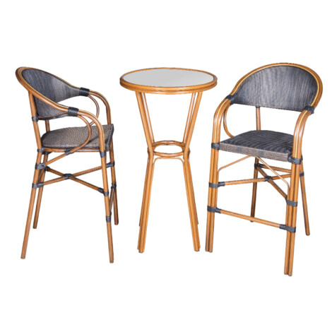 Round Bar Table (Glass Top) + 2 Bar Chairs, Brown 1