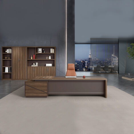 Executive Office Desk + Fixed Side Return; Left, (280x210x75)cm, Brown Oak/Brown