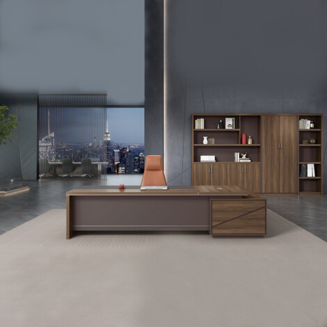 Executive Office Desk + Fixed Side Return; Right, (260x210x75)cm, Brown Oak/Brown