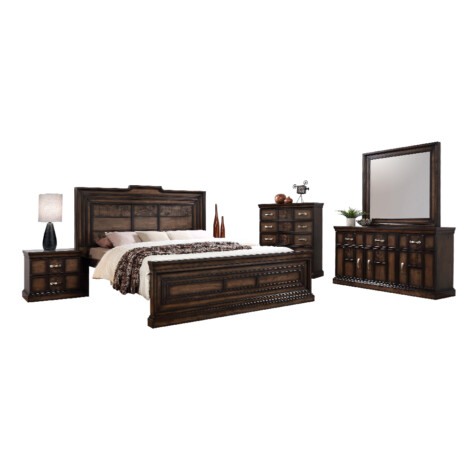 King Bed; (180×200)cm +2 Night Stands + Dresser + Mirror, Brown 1