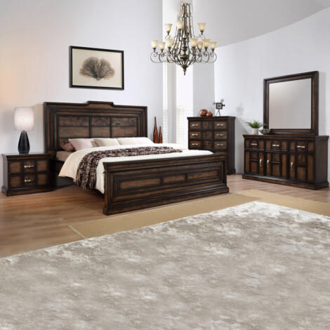King Bed; (180x200)cm +2 Night Stands + Dresser + Mirror, Brown