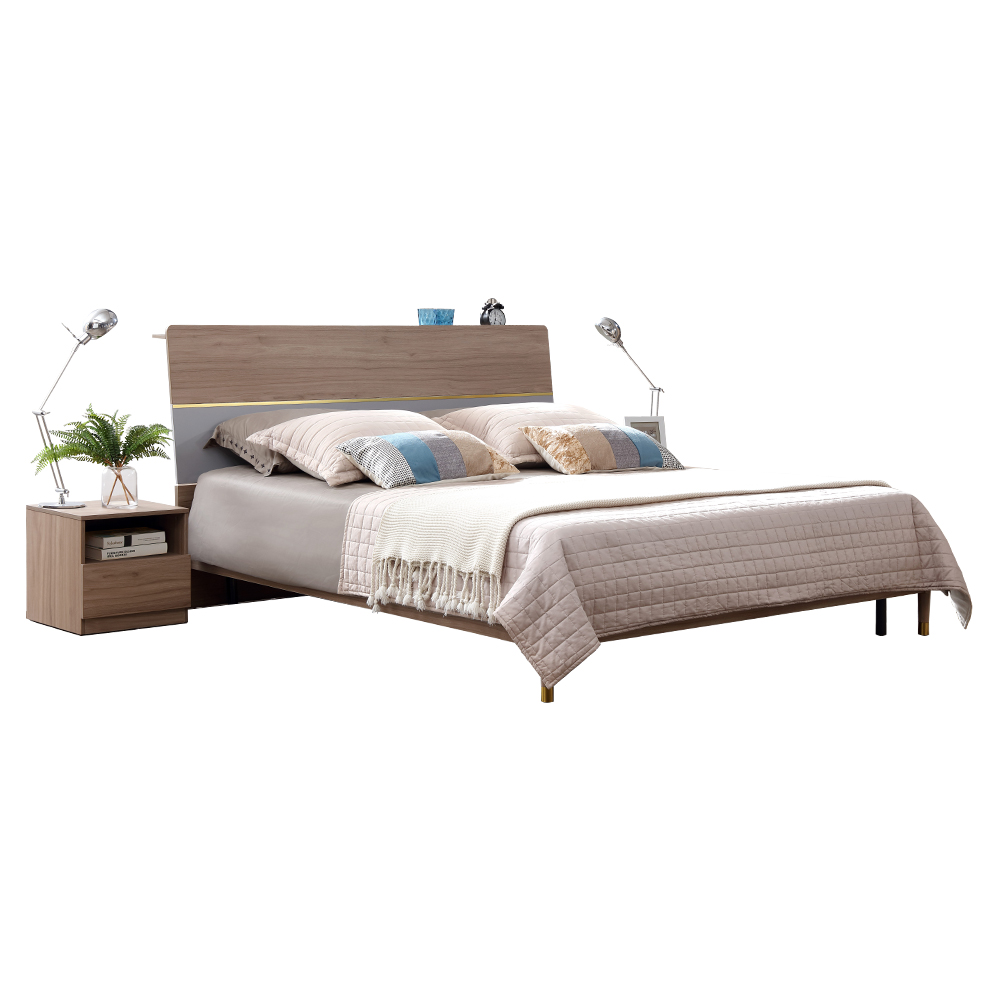 King Bed with USB Charging Socket; (191x222x107)cm + 2 Night Stands, Walnut/Light Grey 1