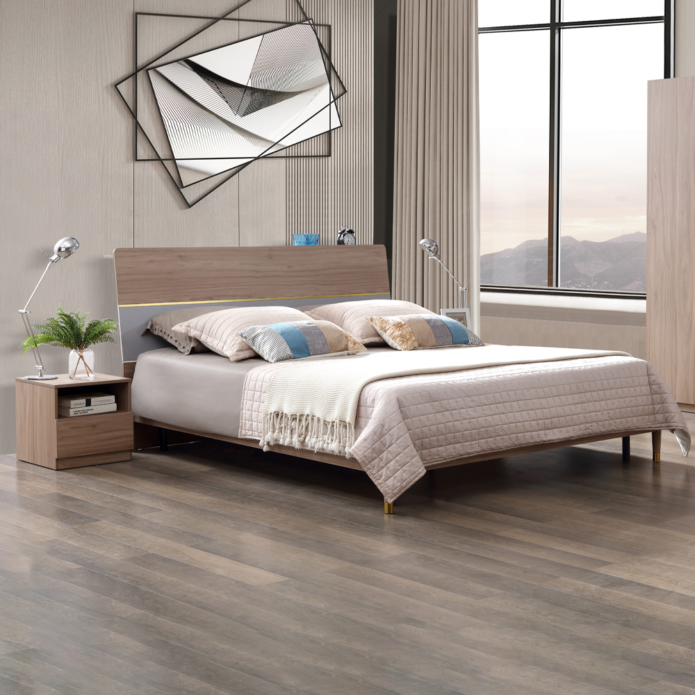 King Bed with USB Charging Socket; (191x222x107)cm + 2 Night Stands, Walnut/Light Grey