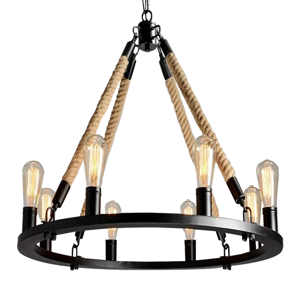 Domus: Hemp/Iron Ceiling Pendant Lamp, 8 Lights: AC85-265V, (D80xH52)cm, E27, Black 1