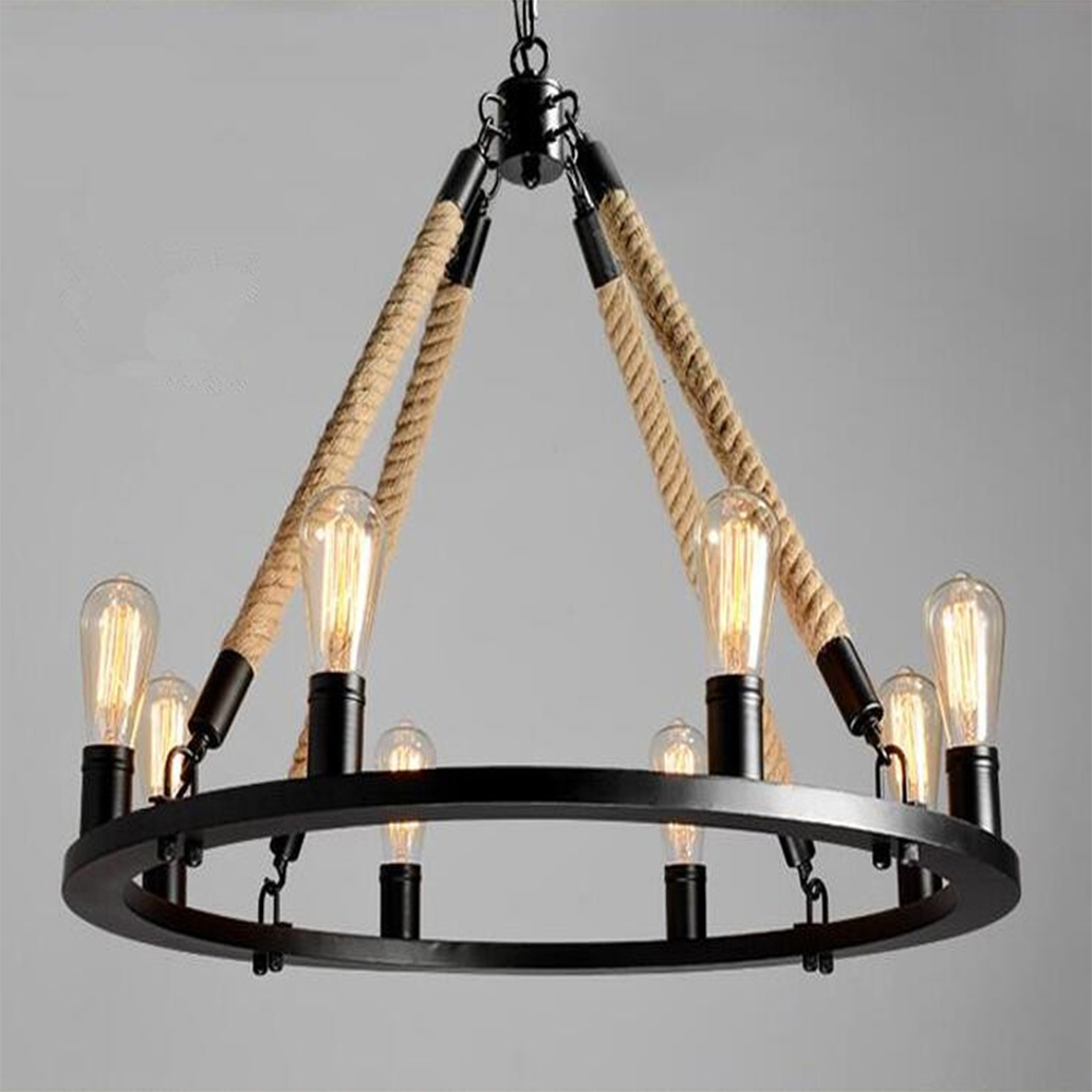 Domus: Hemp/Iron Ceiling Pendant Lamp, 8 Lights: AC85-265V, (D80xH52)cm, E27, Black