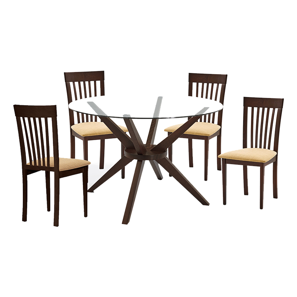 Round Dining Table -Glass Top; (Ø120×75)cm + 4 Side Chairs, Burn Beech/Magnolia 1