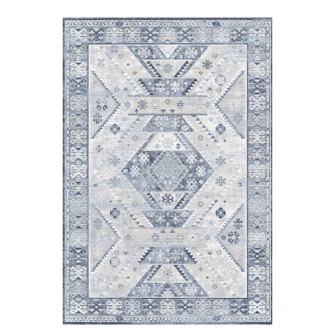 Valentis: Metis 1,344 million points 6mm Tribal Medallion Pattern Carpet Rug; (80×150)cm, Grey/Denim 1