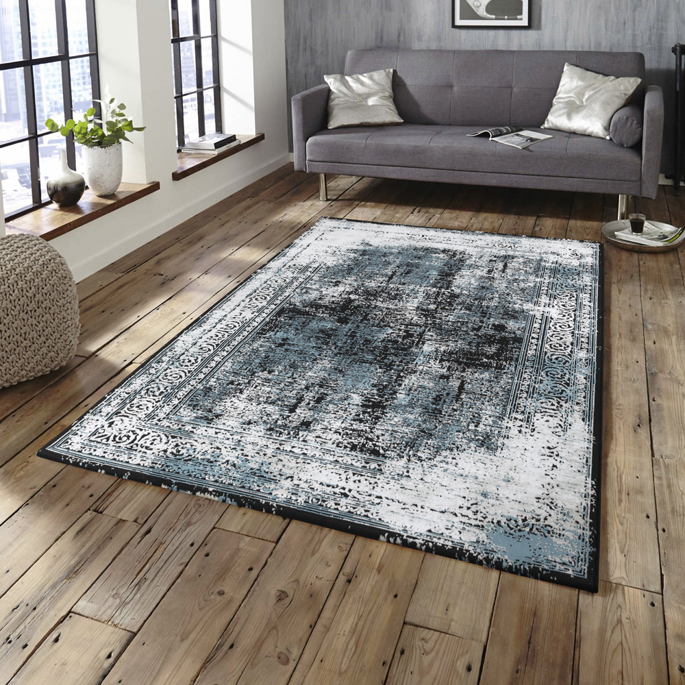 Ufuk: Retro Abstract Pattern Carpet Rug; (240x340)cm, Blue/Grey