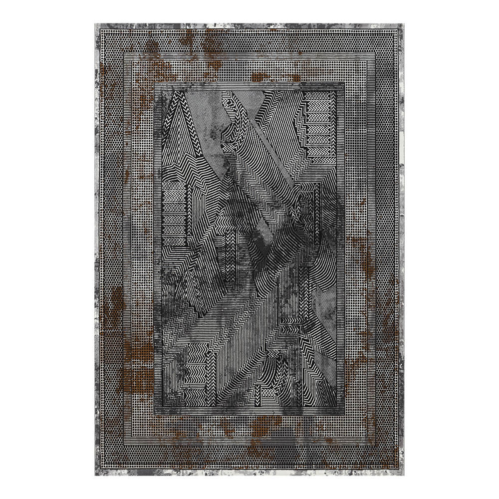 Ufuk: Retro Bordered Geometric Pattern Carpet Rug; (200×290)cm, Grey/Brown 1