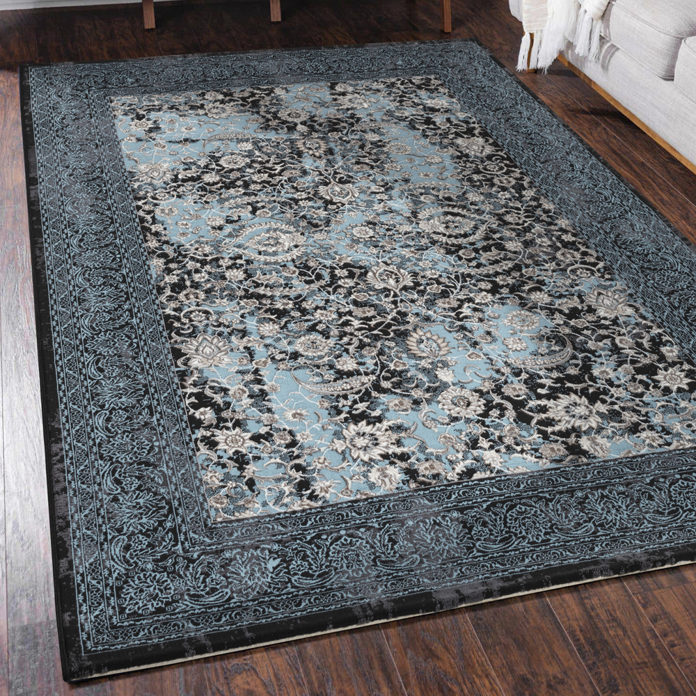 Ufuk: Retro Damask Pattern Carpet Rug; (160x230)cm, Blue