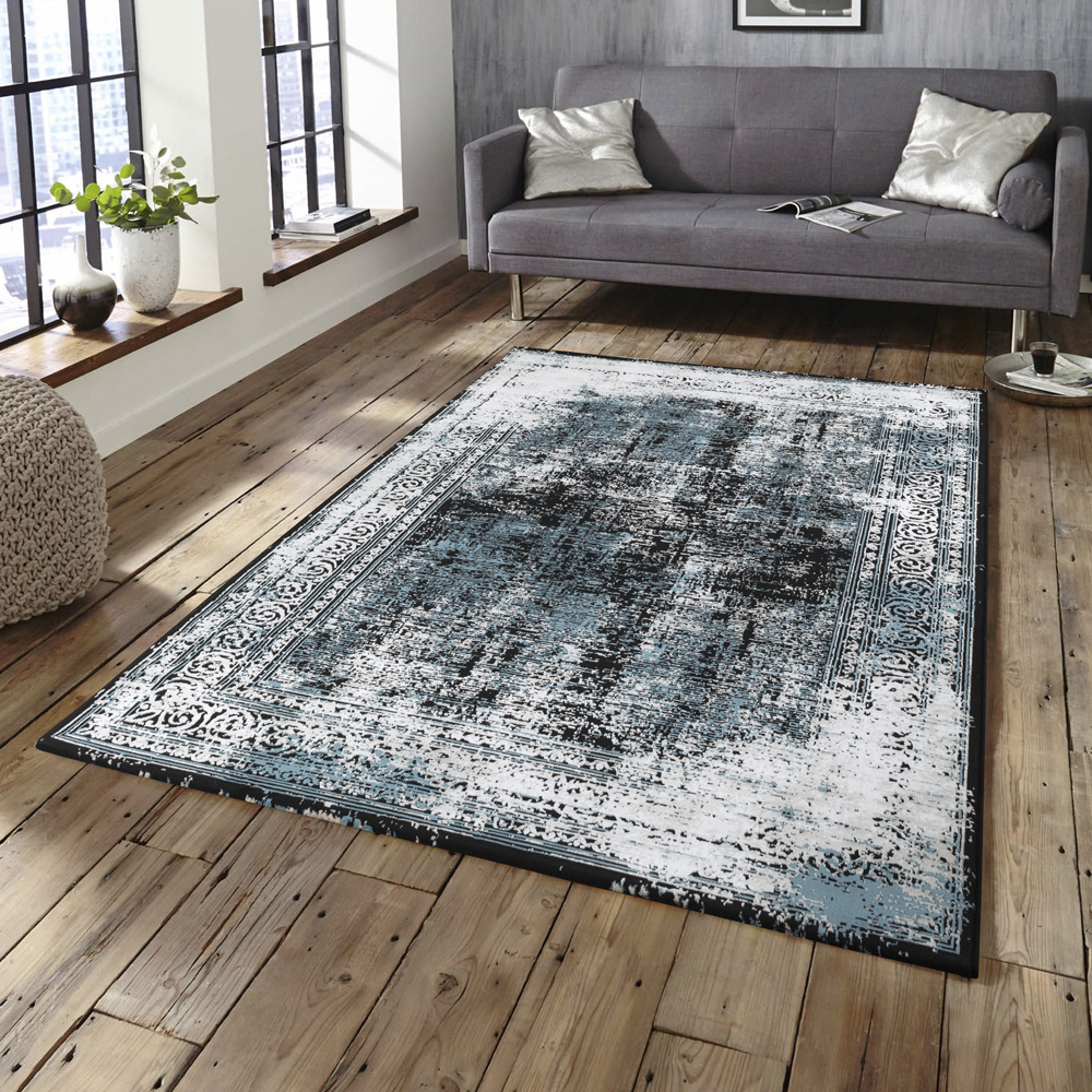 Ufuk: Retro Abstract Pattern Carpet Rug; (100x300)cm, Blue/Grey