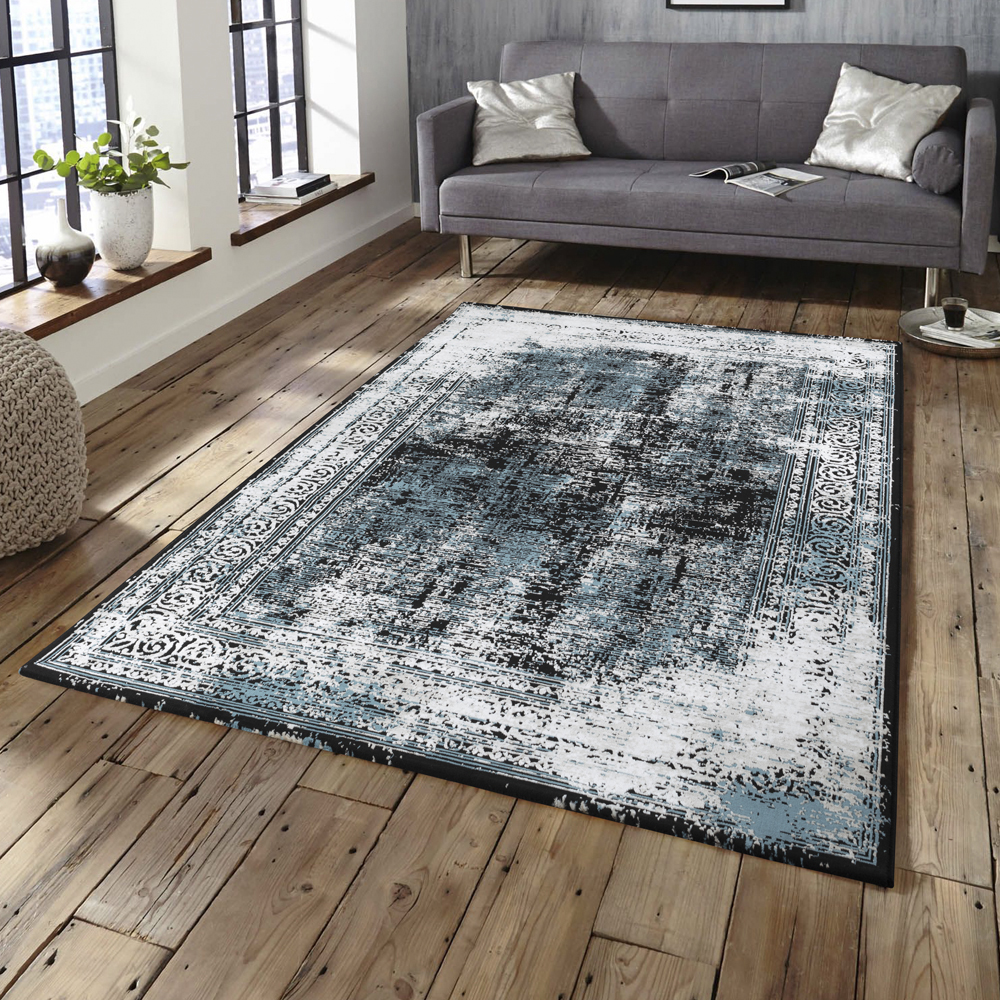 Ufuk: Retro Abstract Pattern Carpet Rug; (100x400)cm, Blue/Grey