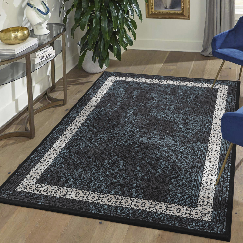 Ufuk: Retro Tribal Pattern Carpet Rug; (100x400)cm, Onyx