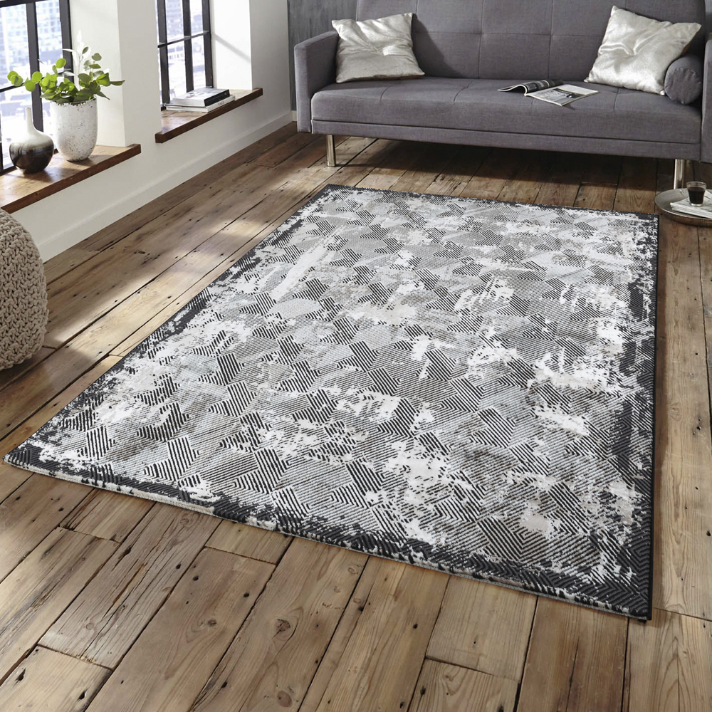 Ufuk: Retro Geometric Linear Pattern Carpet Rug; (100x400)cm, Grey