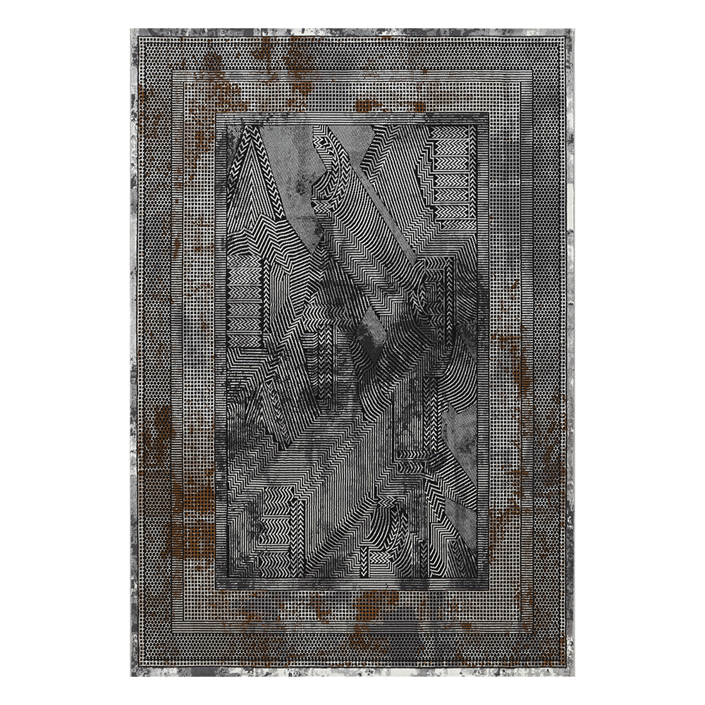 Ufuk: Retro Bordered Geometric Pattern Carpet Rug; (100×400)cm, Grey/Brown 1