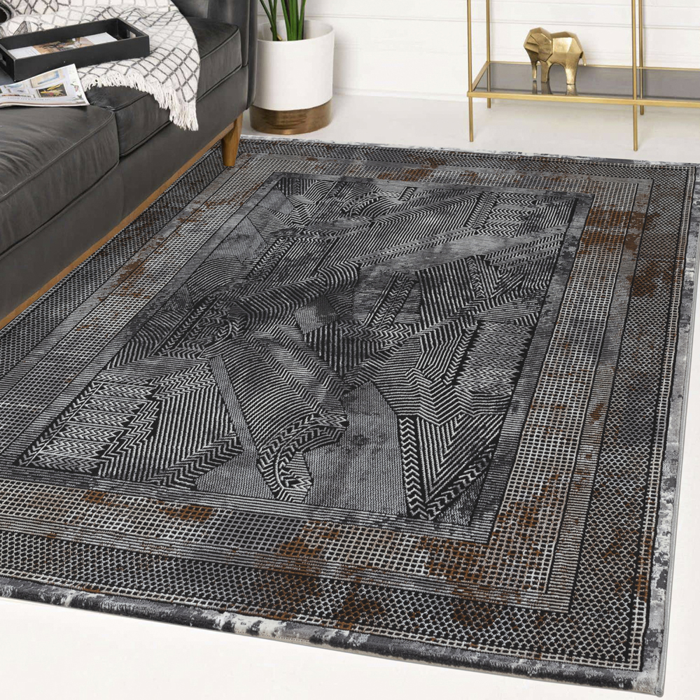 Ufuk: Retro Bordered Geometric Pattern Carpet Rug; (100x400)cm, Grey/Brown