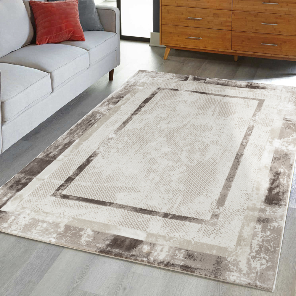 Ufuk: Sultan Abstract Bordered Pattern Carpet Rug; (160x230)cm, Grey
