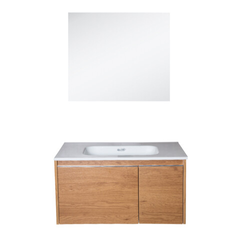 Bathroom Furniture Set: Vanity Cabinet with Wall Mirror; 800mm, Natural Walnut + Ceramic Basin, White Glossy 1