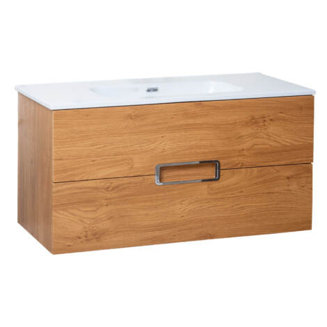 Bathroom Furniture Set: Vanity Cabinet 2-Drawers; 1000mm, Natural Walnut + Ceramic Basin, White Glossy 1