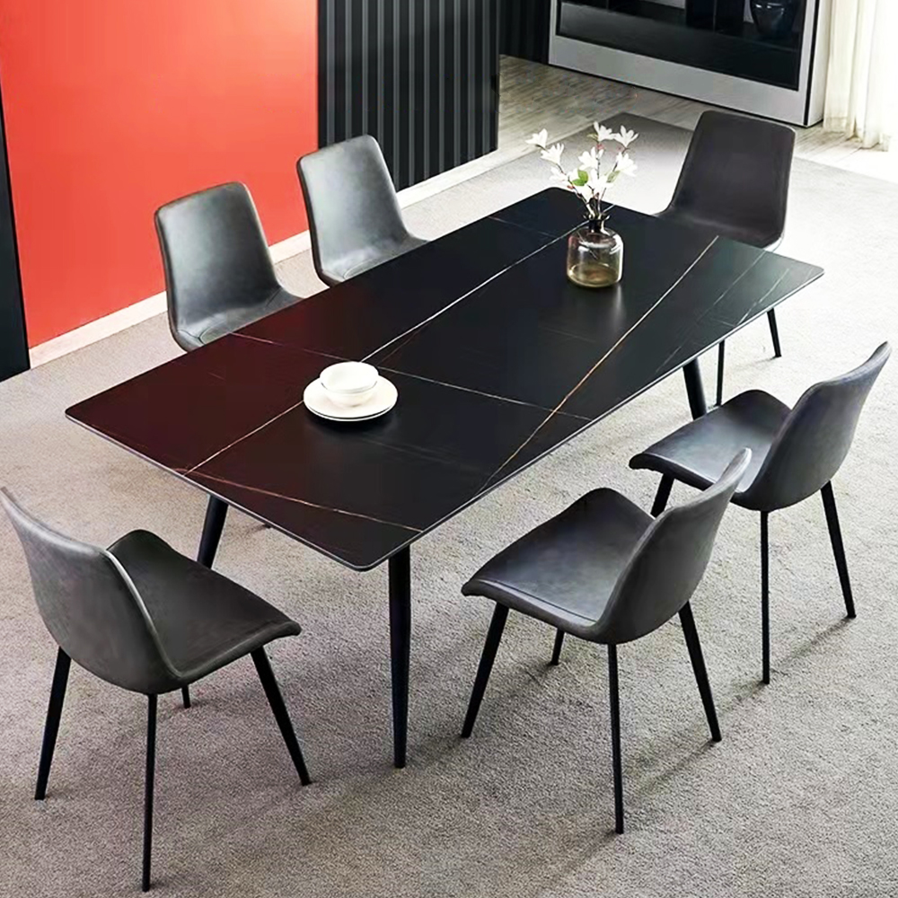 Sintered Stone Dining Table; (1.8x0.9)Mts + 6 Side Chairs, L. Black Gold/B.Grey