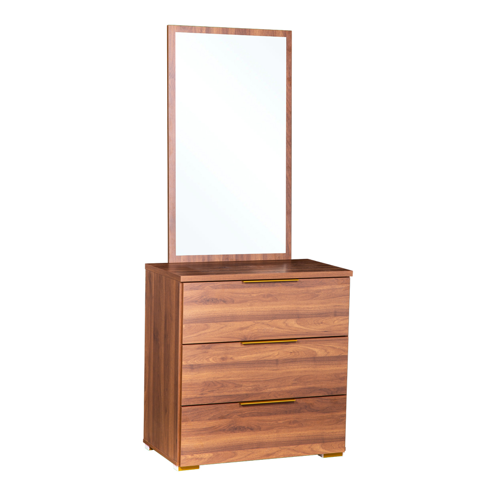 Dresser-3 Drawers; (80x45x84)cm + Mirror; (105x60x1.9)cm, Walnut/Gold