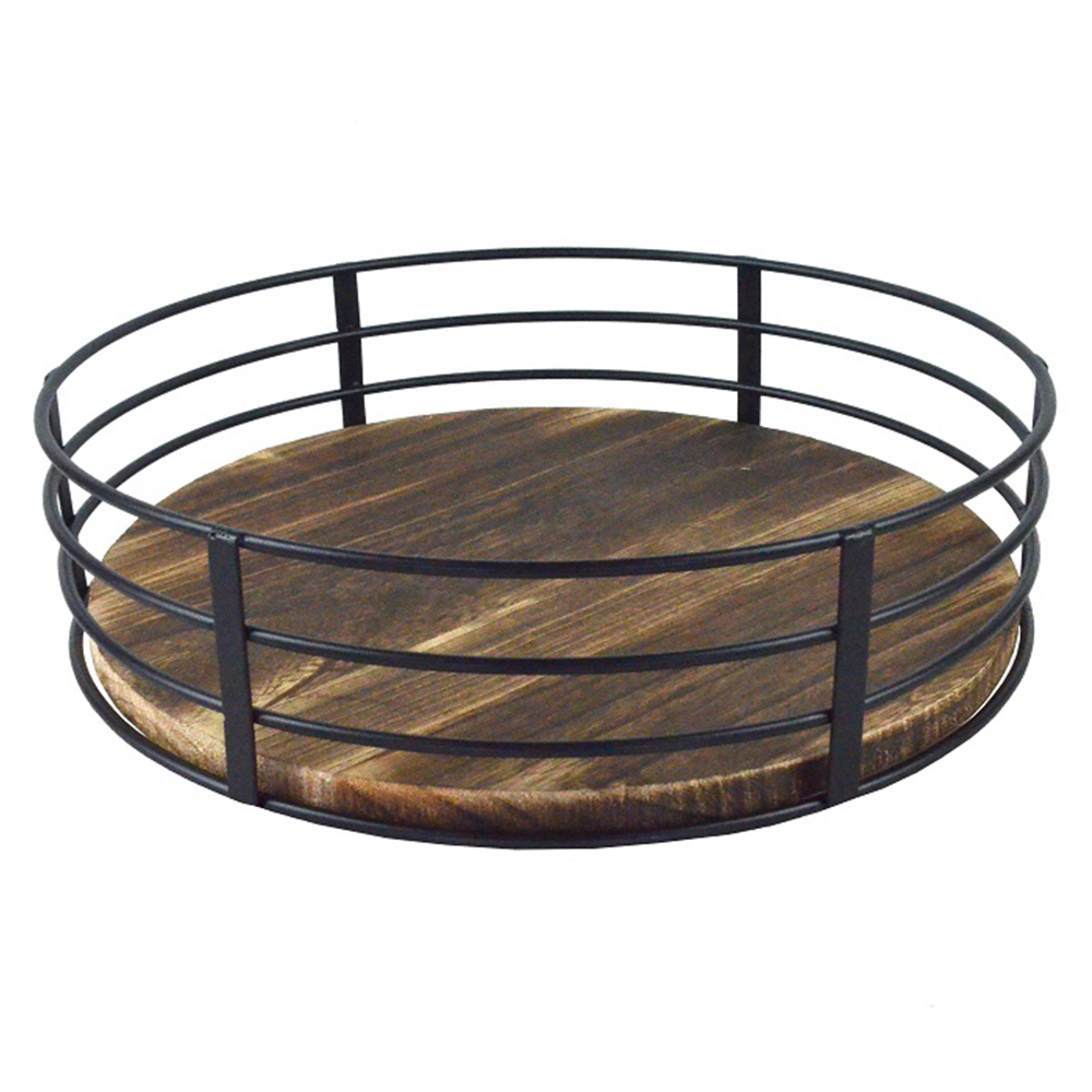 Metal Tray With Wooden Base; (35.2×35