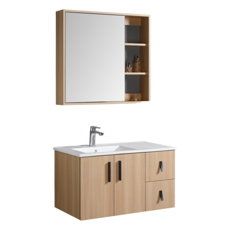 Nova: Bathroom Furniture: Mirror Cabinet; (75x70)cm + Main Cabinet; (81x46)cm + Ceramic Basin; 81cm, Burly Wood