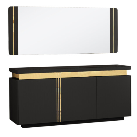 Dining Cabinet; (180x40x80)cm + Wall Mirror; (180x2.5x70)cm, Glossy Black/Gold