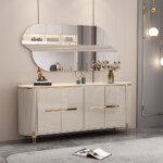 Dining Cabinet; (180x40x80)cm  + Wall Mirror; (160x2.5x70)cm, Glossy Grey/Gold