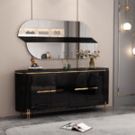 Dining Cabinet; (180x40x80)cm + Wall Mirror; (160x2.5x70)cm, Glossy Black/Gold