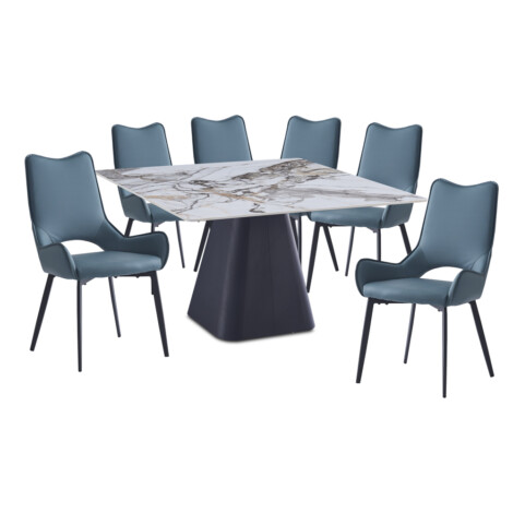 Ceasar Dining Table; (130x130x76)cm, Ceramic Top + Peyton 6 PU Side Chairs 1