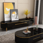 TV Cabinet; (200x40x45)cm, Glossy Black/Gold