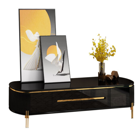 TV Cabinet; (200x40x45)cm, Glossy Black/Gold