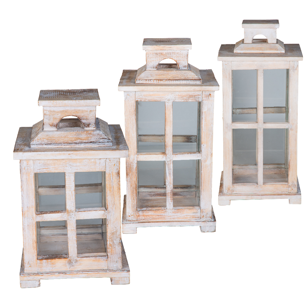 Wooden Lantern Set; 3pcs, White Wash 1