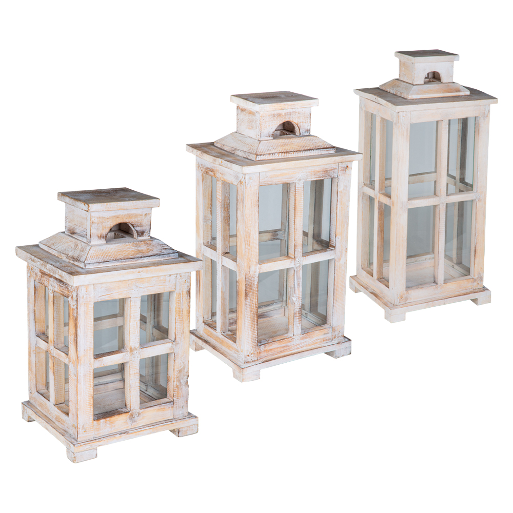Wooden Lantern Set; 3pcs, White Wash