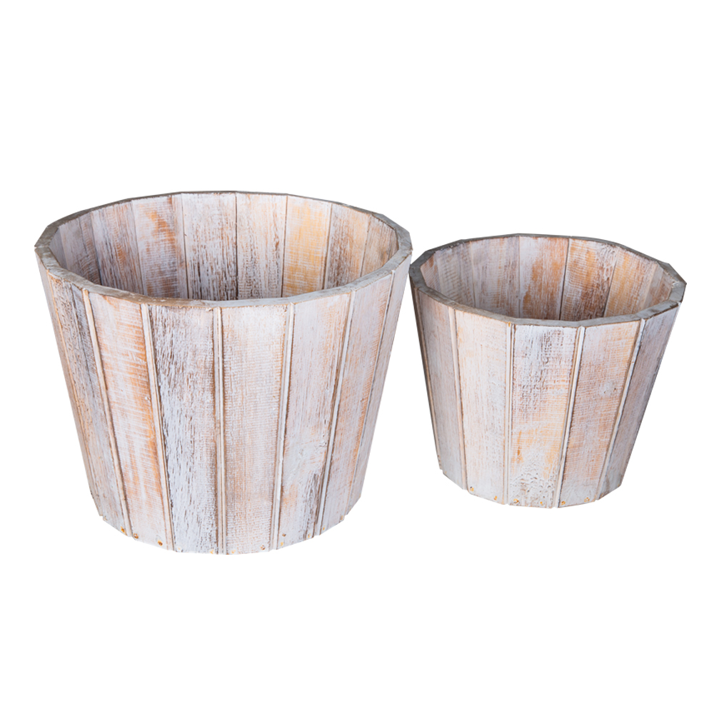 Wooden Bucket Set; 2Pcs, White Wash 1